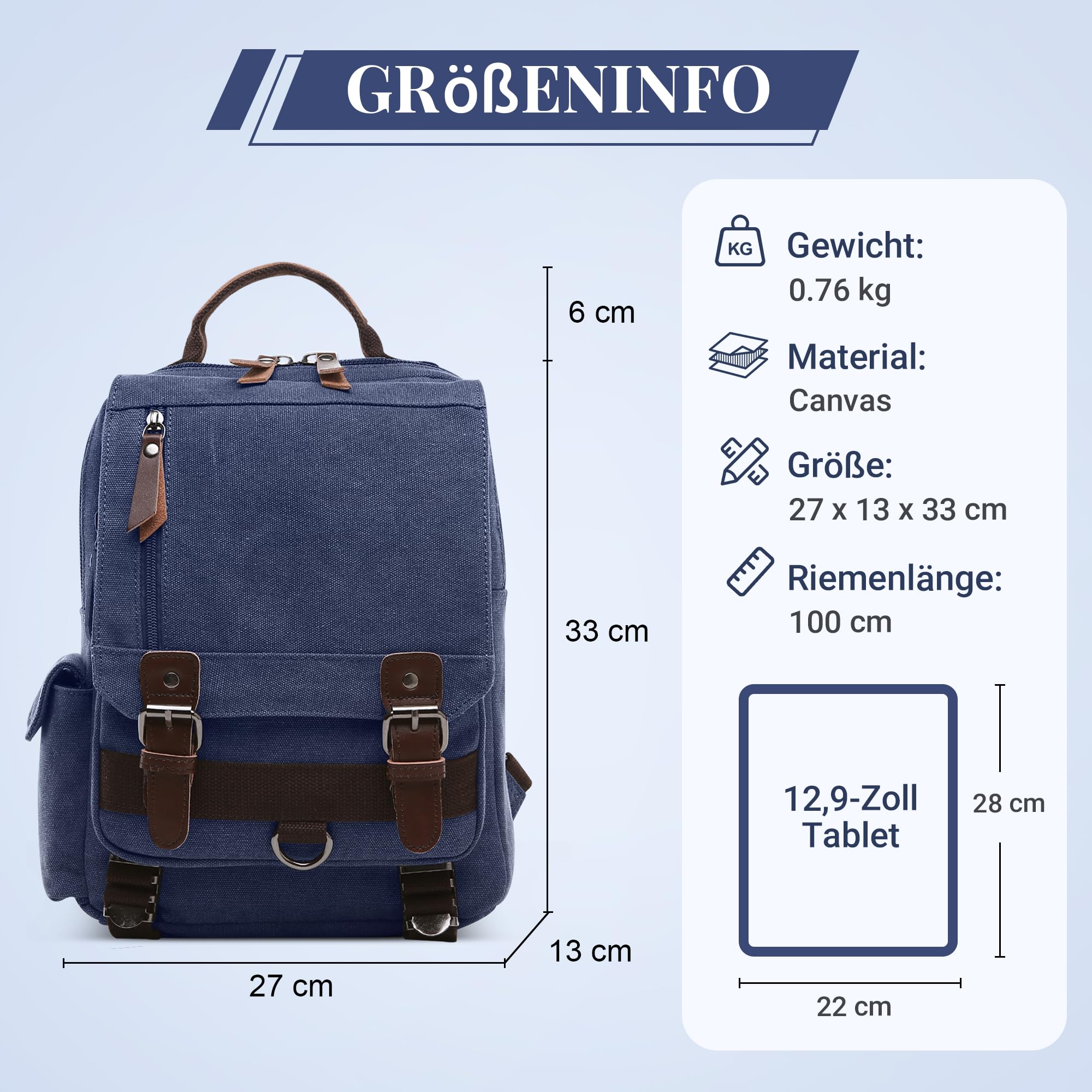 DEEVORCA) Mode Herren Rucksack, Canvas Schultertasche Rucksäcke für 12.9 Zoll iPad Tagesrucksack Daypacks Reisen Lässig Arbeit Schule Camping Täglich Leinwand Backpack Herren Messenger Bag Blau