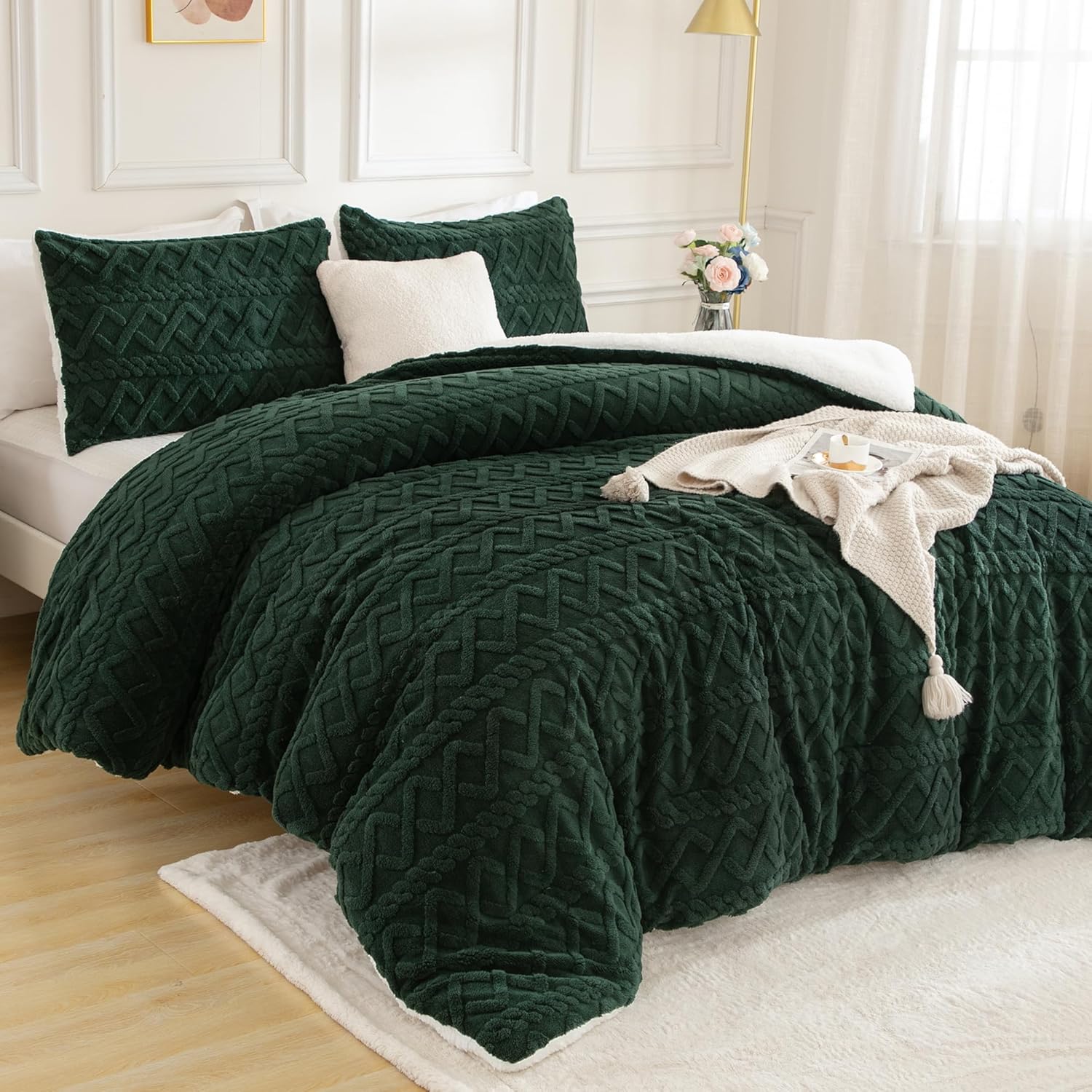 andency dark green fleece comforter set full, fluffy faux fur bedding comforter emerald green, winter warm fuzzy bedding set, luxury plush bed set 3pcs(1 shaggy comforter & 2 pillowcases) dark green full