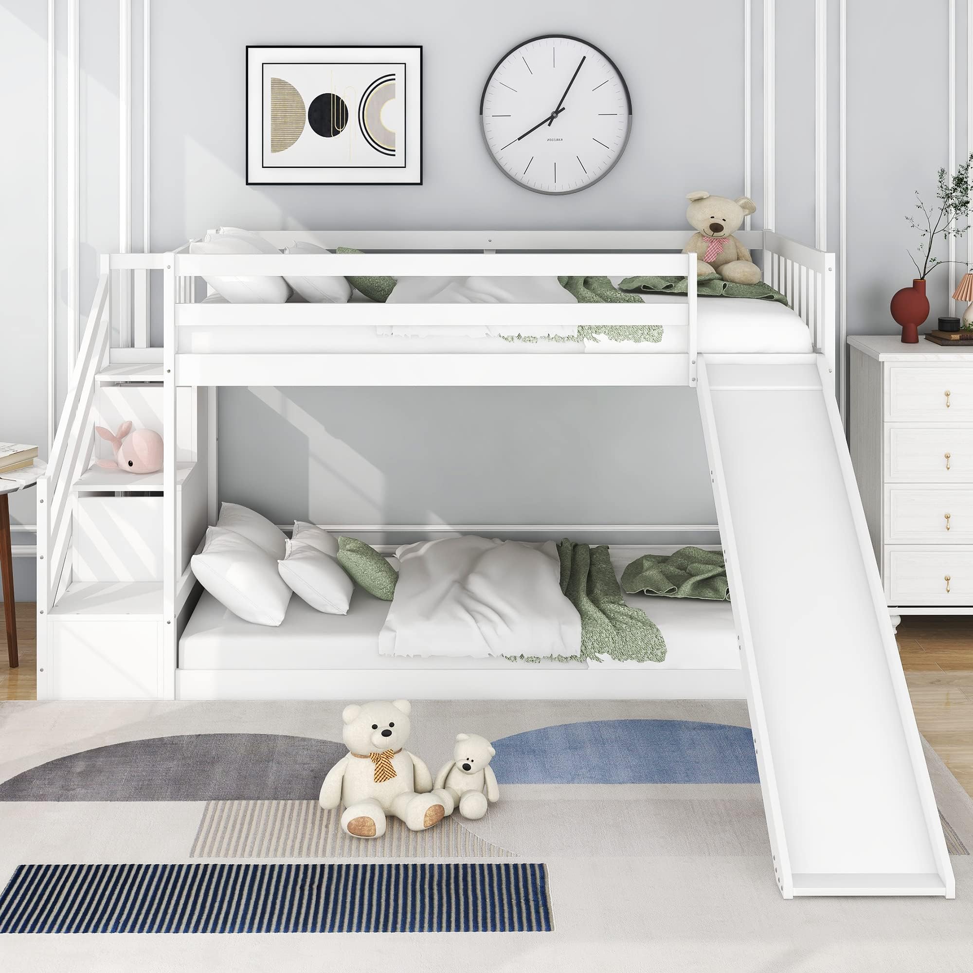 Jtyca Bunk Beds for Kids, Wooden Cabin Beds Frame with Drawers and Stairs in One, Easy Storage and Space Saving, Kids Bunk Bed with Slide, 90x190cm, White, (Without Mattress)