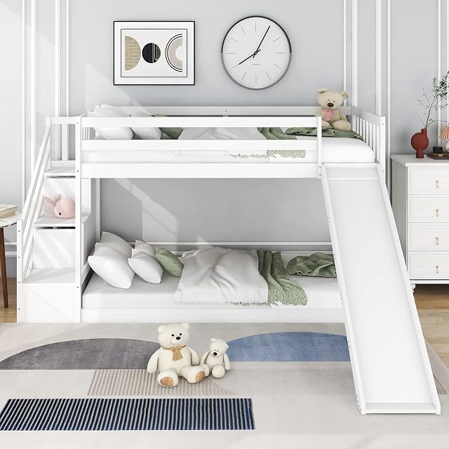 LTGB Bunk Bed with Stairs and Slide, Solid Pine Wood Frame, Children Bed with 2 Drawers in the Steps, Ideal for Any Room, Great Gift for Kids Boys Girls, 90 x 190 cm, WhiteUK in Stock
