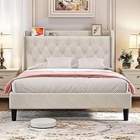Vista 1 de koorlian Marco de cama tamaño completo, marco de cama completa con cabecero, marco de cama tapizado de terciopelo ajustable con puerto tipo C y USB