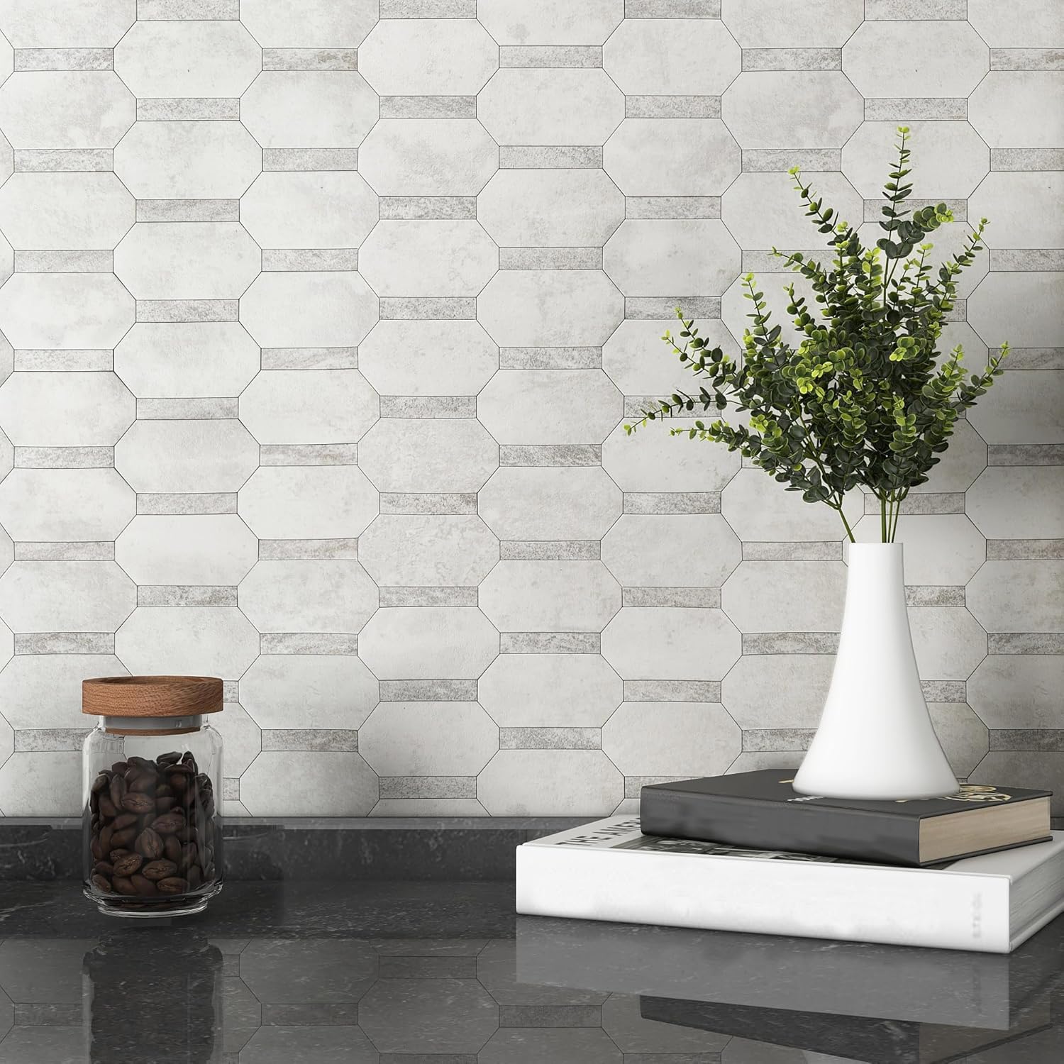 MOFIT Octagon Marble Mosaic Backsplash Tile for Kitchen Peel and Stick