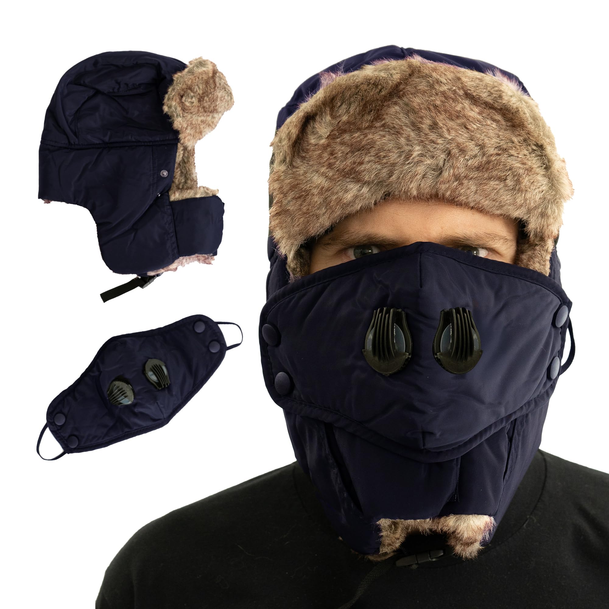 Iconique Trapper Hat for Men & Women Navy - Winter Ushanka Hat with Ear Flaps - Waterproof Fur Bomber Cap - Russian Sheepskin Aviator - Deerstalker Hats for Men