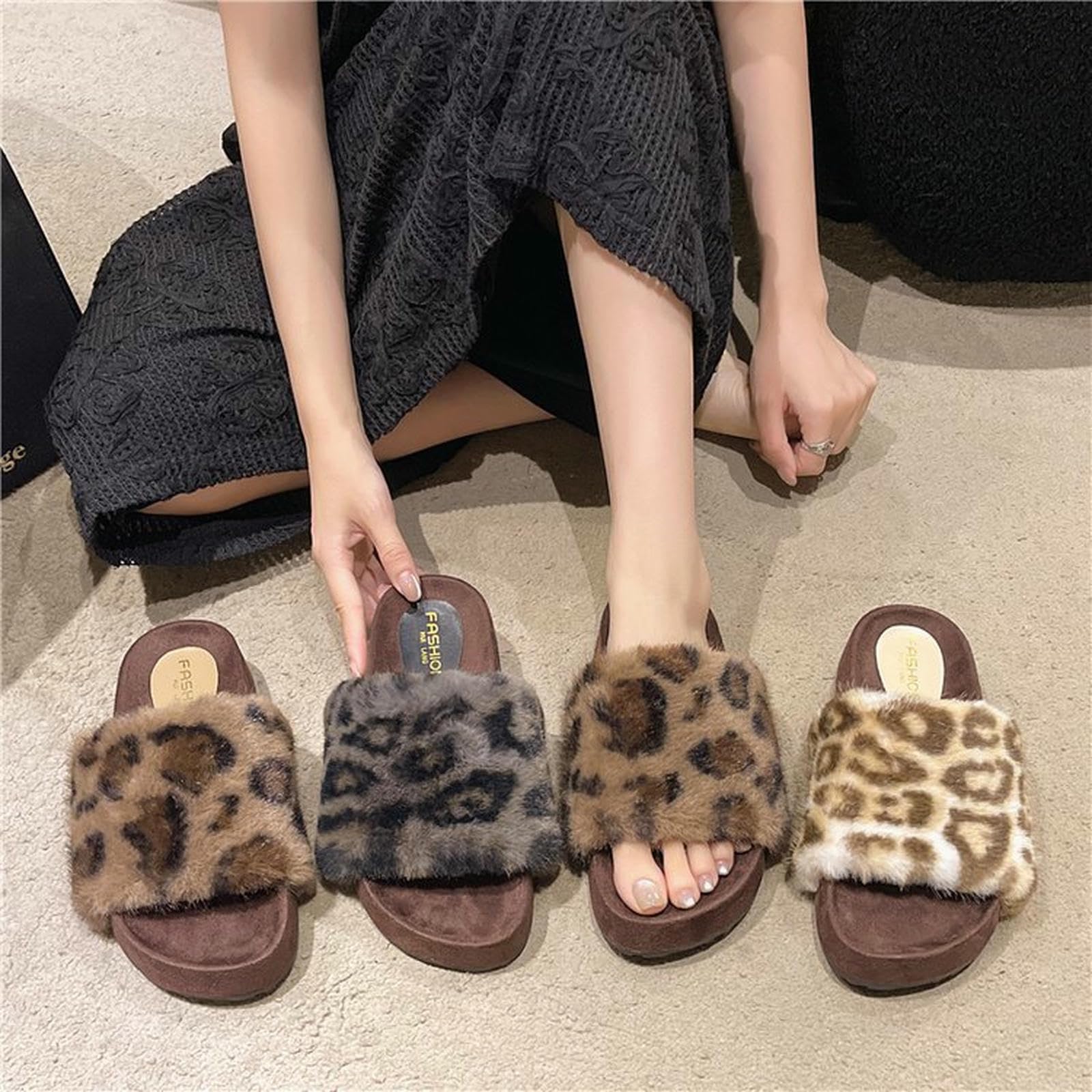 Donna Pantofole di Pelliccia Stampa Leopardo da Indossare All'aperto E Abbinare I Mobili-marrone-35