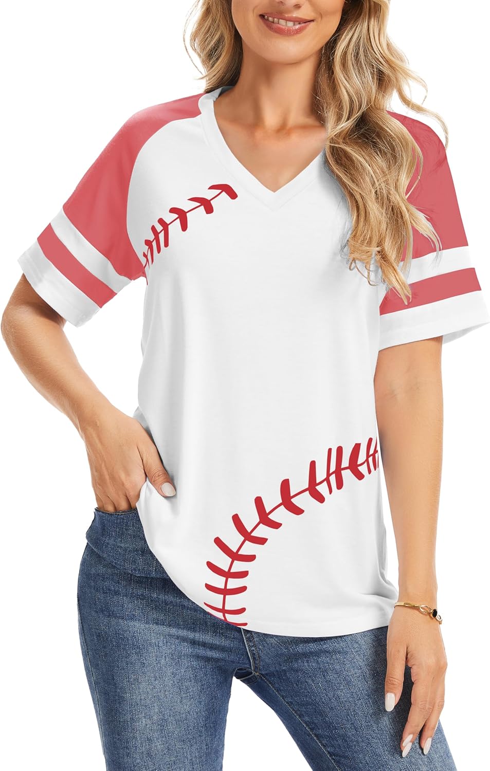 Womens V Neck Baseball Shirts Short Sleeve Patchwork Baseball Print Raglan Baseball Tees - Image 2