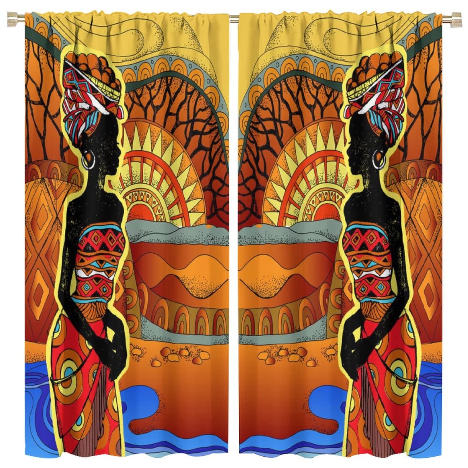 JESTRONRY African Women Bedroom Curtains,Southern Landscape Hand Drawn Black Woman Tribal Ethnic Print Pattern Rod Pocket Window Drapes for Living Room Kitchen Bathroom Decor W63xL63in
