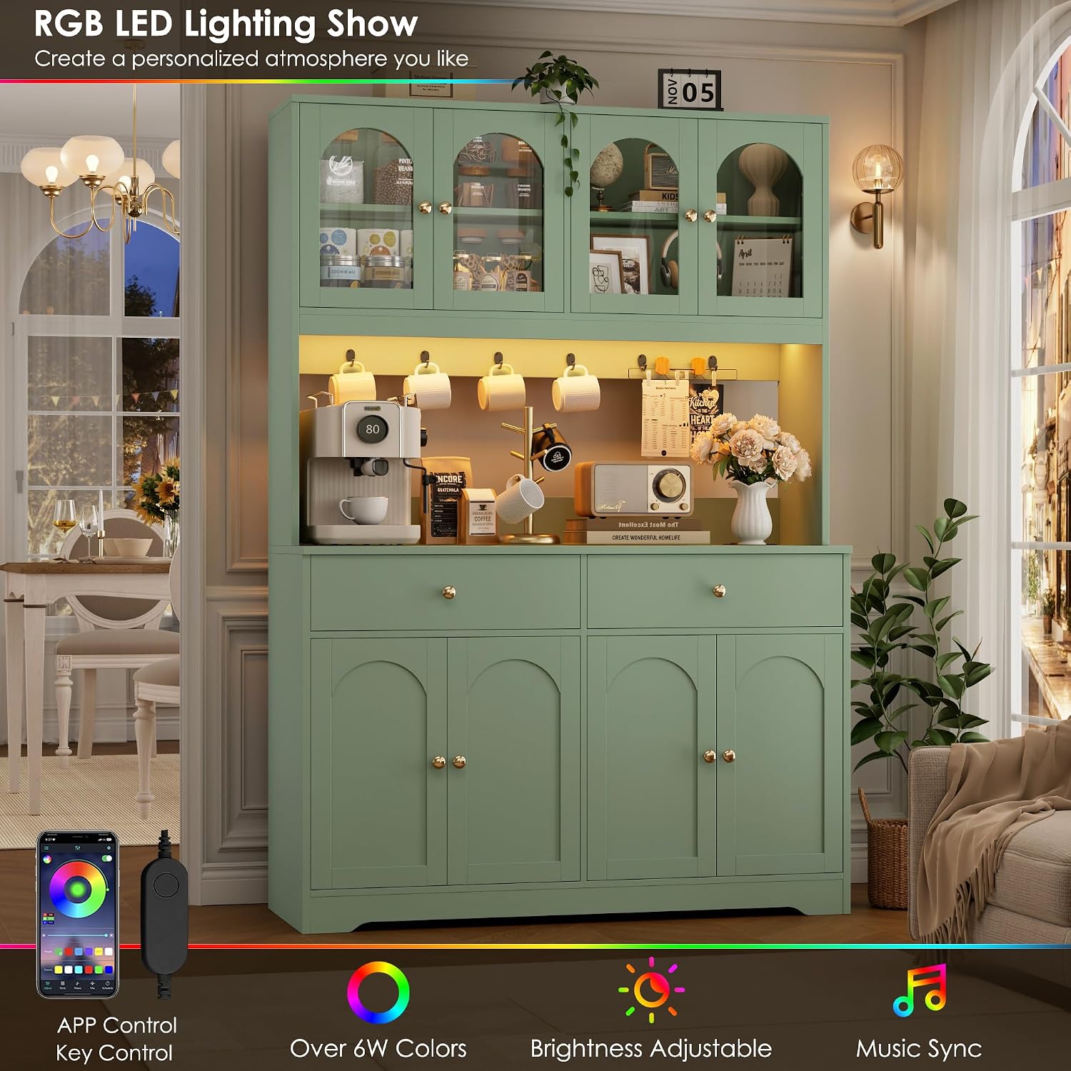 HIFIT pantry cabinet with RGB LED lighting in use, showing app control interface