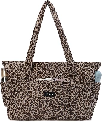 Quilted Leopard Tote Bag for Women, Cheetah Tote Bag with Zipper & Wet Pockets, Medium Quilted Cotton Shoulder Bag