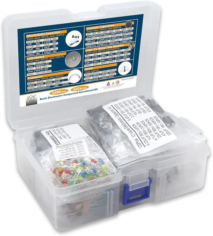 DIYoung 1390pcs Kit de Composants électroniques avec Diodes LED, Résistance de Couche Métallique, Boîtier de Condensateur électrolytique, Diodes, Condensateurs en Céramique, Transistors