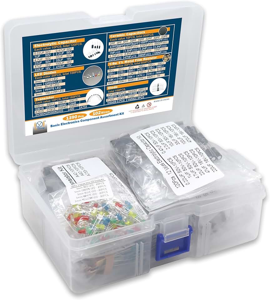 DIYoung 1390pcs Kit de Composants électroniques avec Diodes LED, Résistance de Couche Métallique, Boîtier de Condensateur électrolytique, Diodes, Condensateurs en Céramique, Transistors