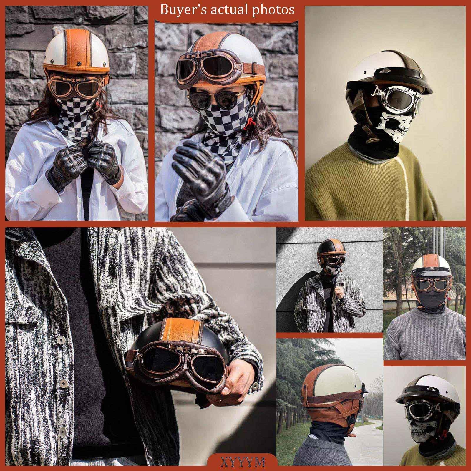 Leder Motorrad-Halbschale, Retro Deutscher Offener Helm mit Schutzbrille, Gesichtsmaske und Abnehmbarem Nackenwärmer, ECE-zugelassen, Herren Damen Vintage Halbschalenhelm, 55–64cm