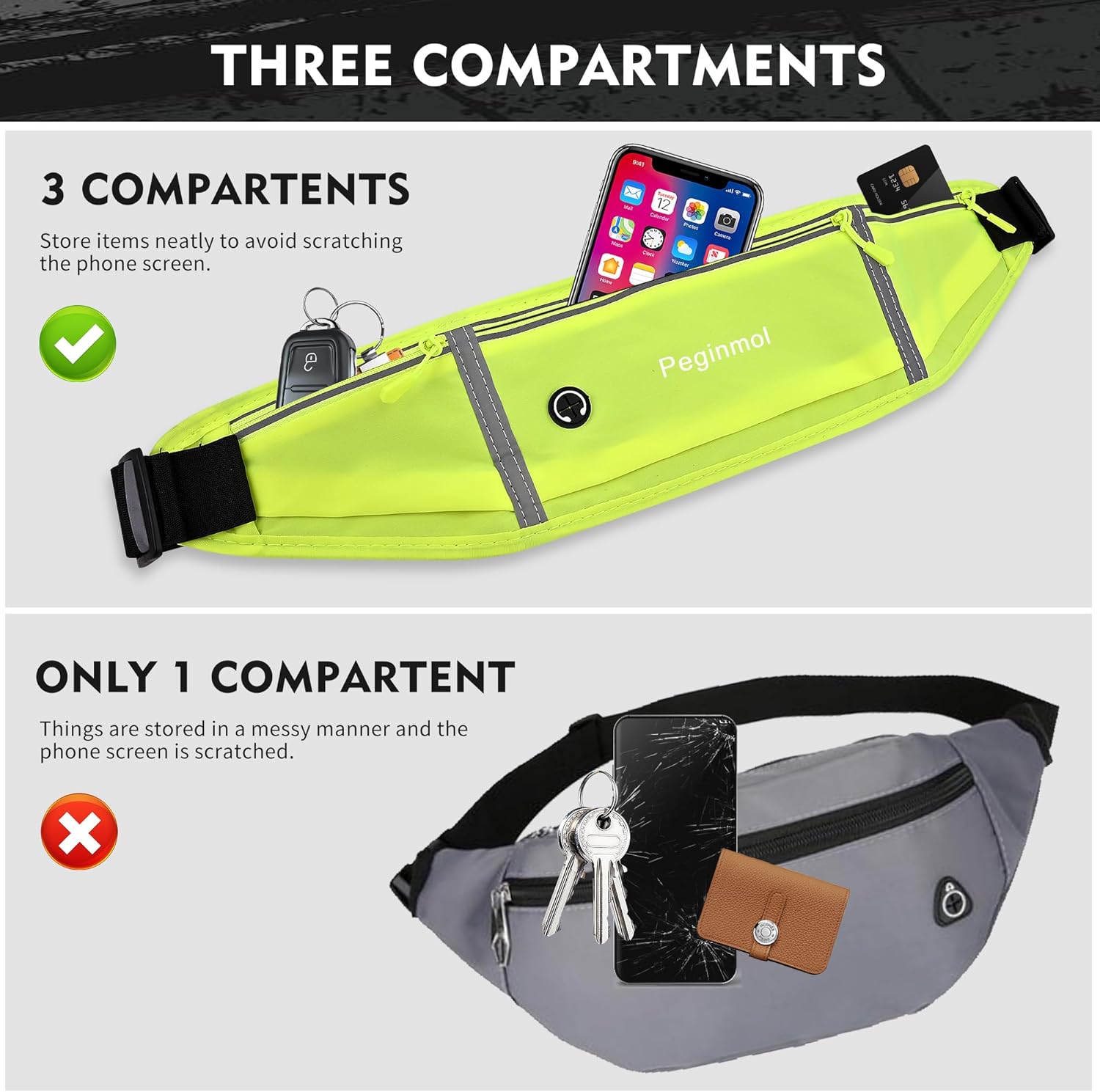 Slim Running Belt Fanny Pack, Waist Pack Bag for Women Men, Running Pouch for Phone Waterproof Reflective with 3 Pouches, Running Phone Holder for Sports, Traveling (Green) - Image 3