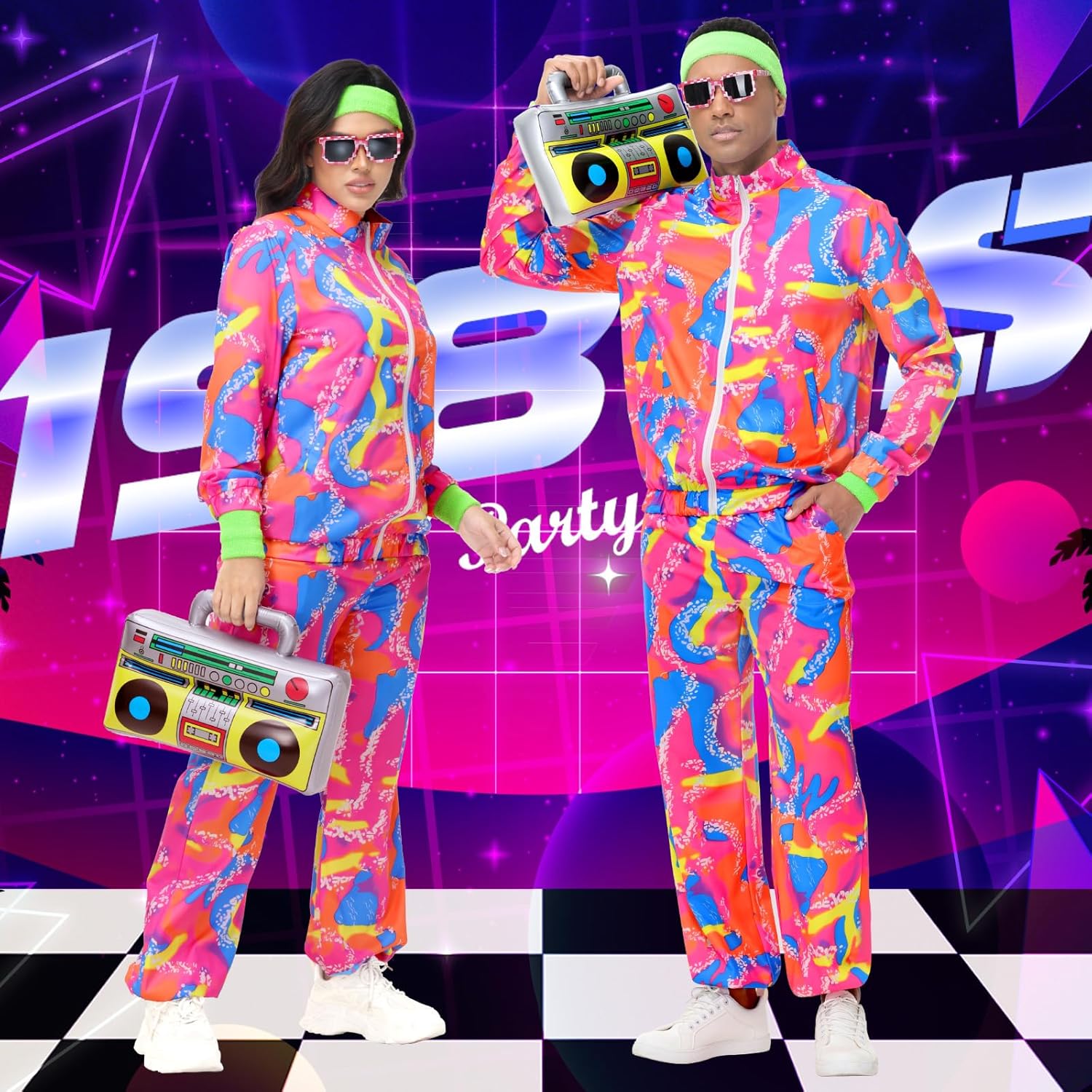 80s Outfit for Men Women,Neon Retro Tracksuit 90s Windbreaker Costume,Hip Hop Party Workout Track Suit Clothing - Image 2
