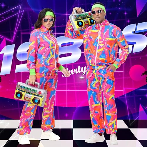 Miniatura 2 de Traje de los años 80 para hombres y mujeres, traje retro neón de los años 90, traje de entrenamiento para fiestas de hip hop, ropa deportiva