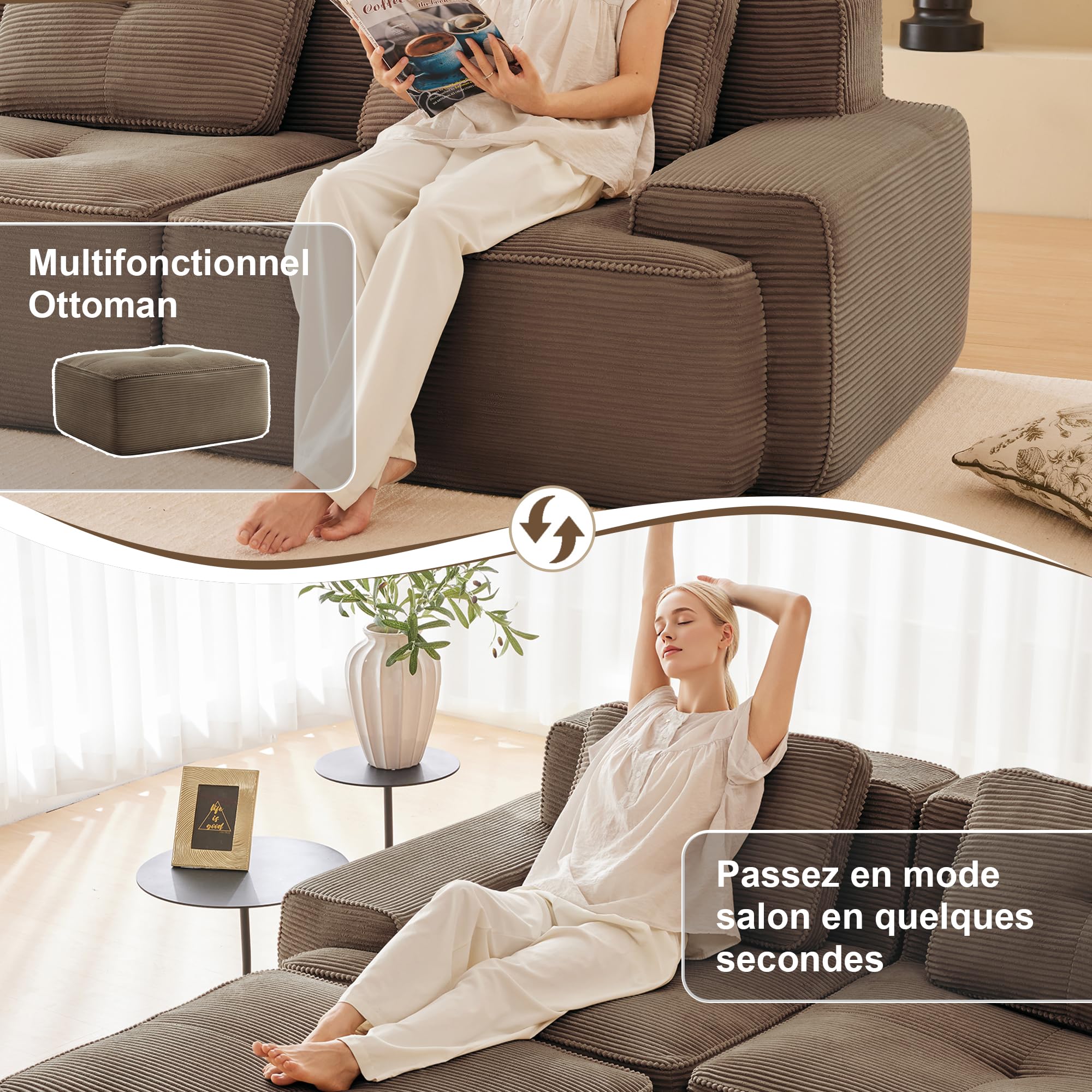 Divano modulare compresso 204 cm, divano a 2 posti con 2 pouf e 2 cuscini, comodo divano disossato in velluto a coste, divano ad angolo/divano letto per soggiorno