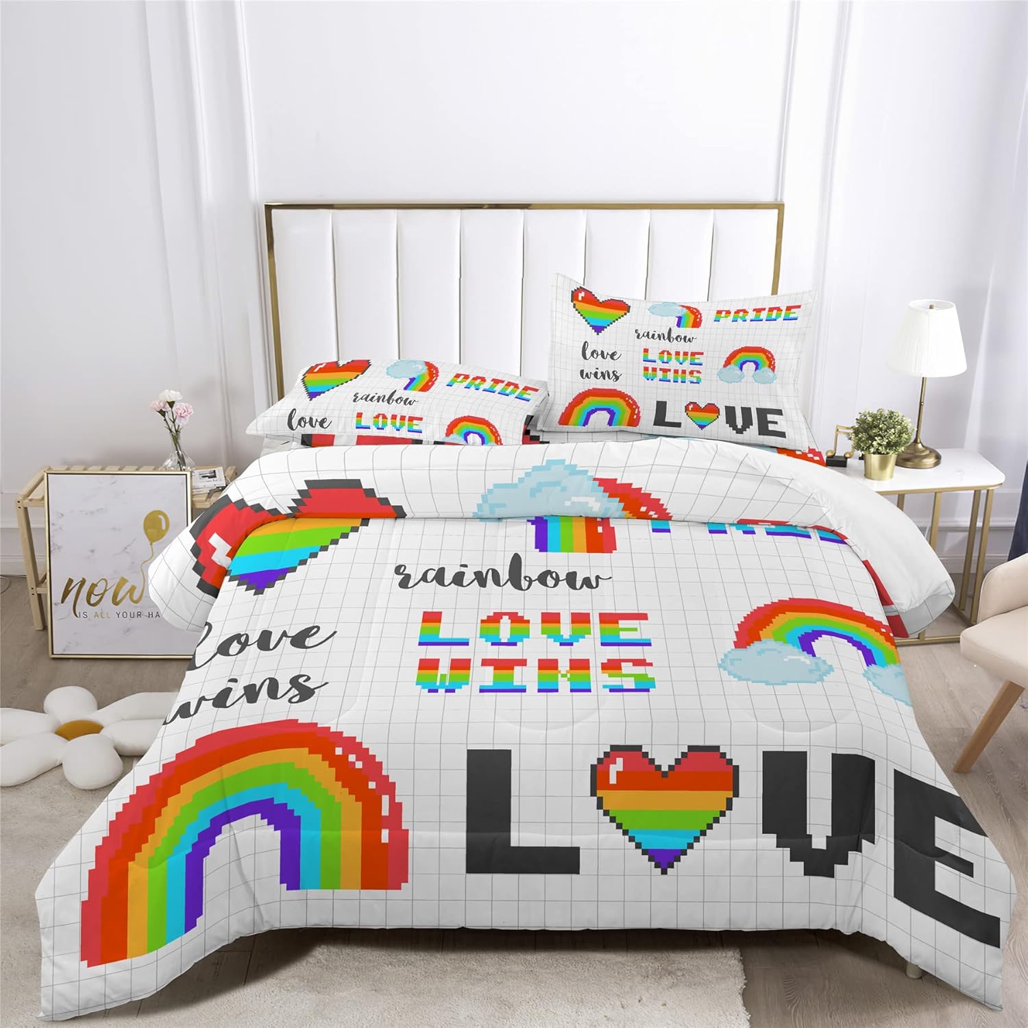 XIICOO Gay Bisexual Pride Rainbow Flag Love Wins Bedding Set Rainbow Comforter Set 1 Comforter+2 Pillowshams(3Pcs) or Sheet (4Pcs) (A,TWIN-3PCS)