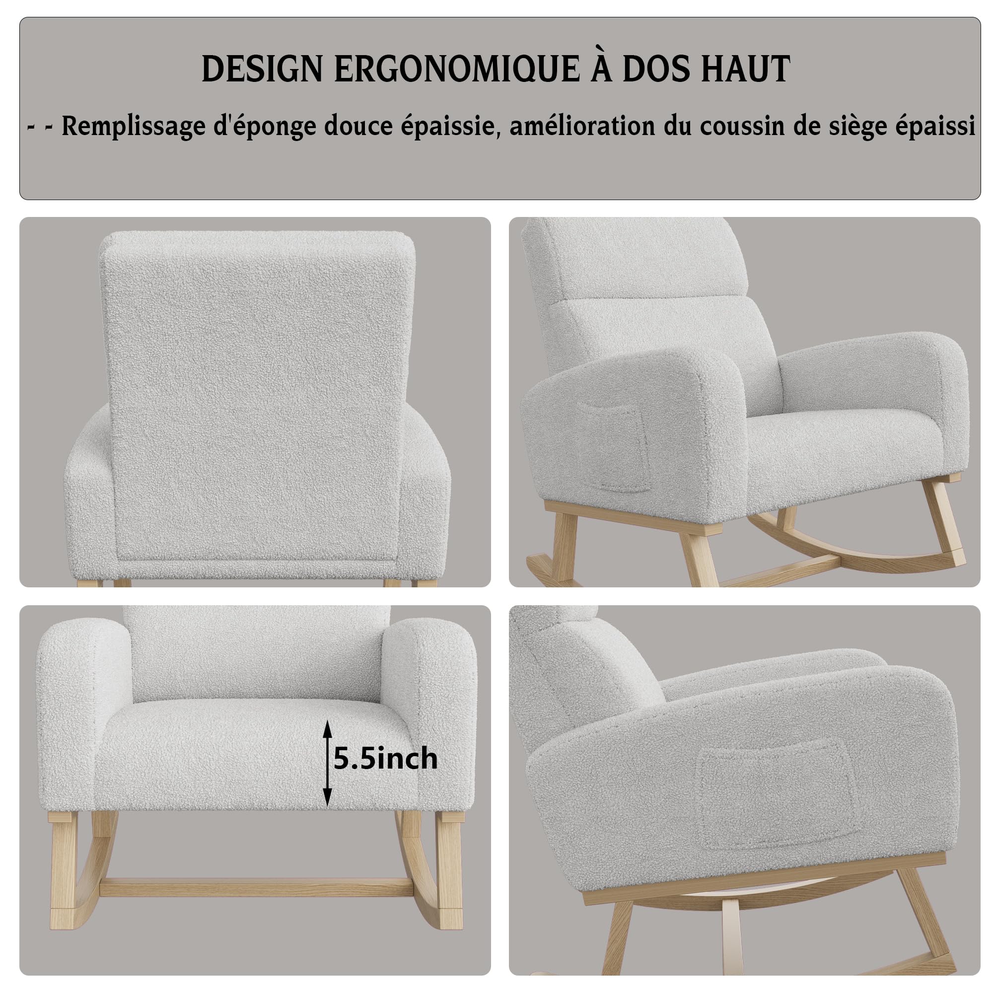 Sillón mecedora, sillón de lectura acolchado, sillones de relajación, sillones de acento para dormitorio, sala de estar, gris claro, patas de madera maciza