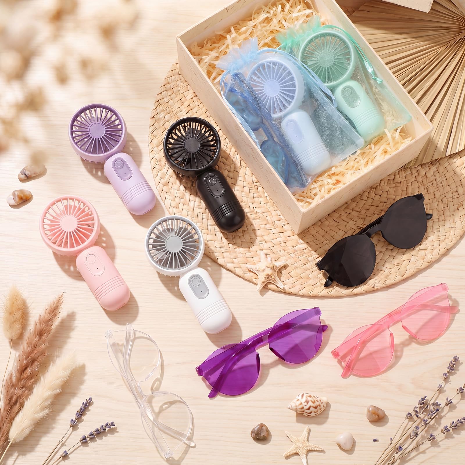 Tragbarer Handventilator und Sonnenbrille, wiederaufladbar, Mini-Taschenfächer mit Organza-Geschenkbeuteln für Strand, Schwimmen, Reisen, Park, Outdoor, 24 Stück