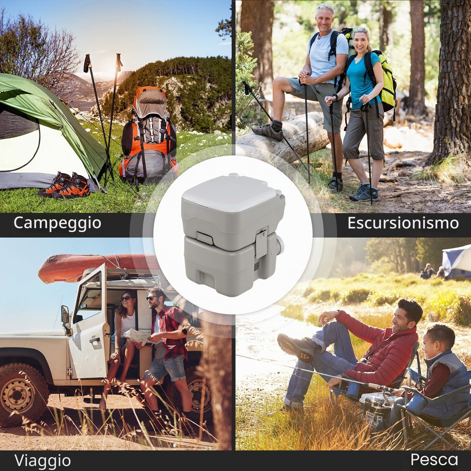 SOARS WC portatile da campeggio, WC portatile con pompa di risciacquo, serbatoio d'acqua 20 l + 10 l, carico 200 kg, altezza seduta 42 cm, imbuto telescopico, per campeggio, viaggio, auto, grigio