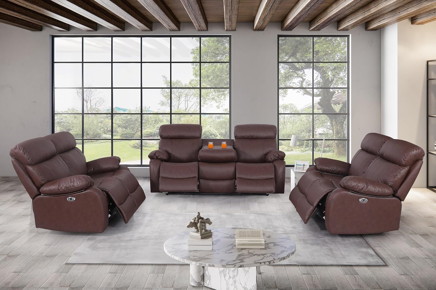 Electric Power Recliner Sofa Set, Leather Reclining Sofa Set with USB Charging Port and Cup Holders, Home Theater Seating Living Room Furniture Set, Recliner Chair + Loveseat + 3-Seater Sofa, Brown
