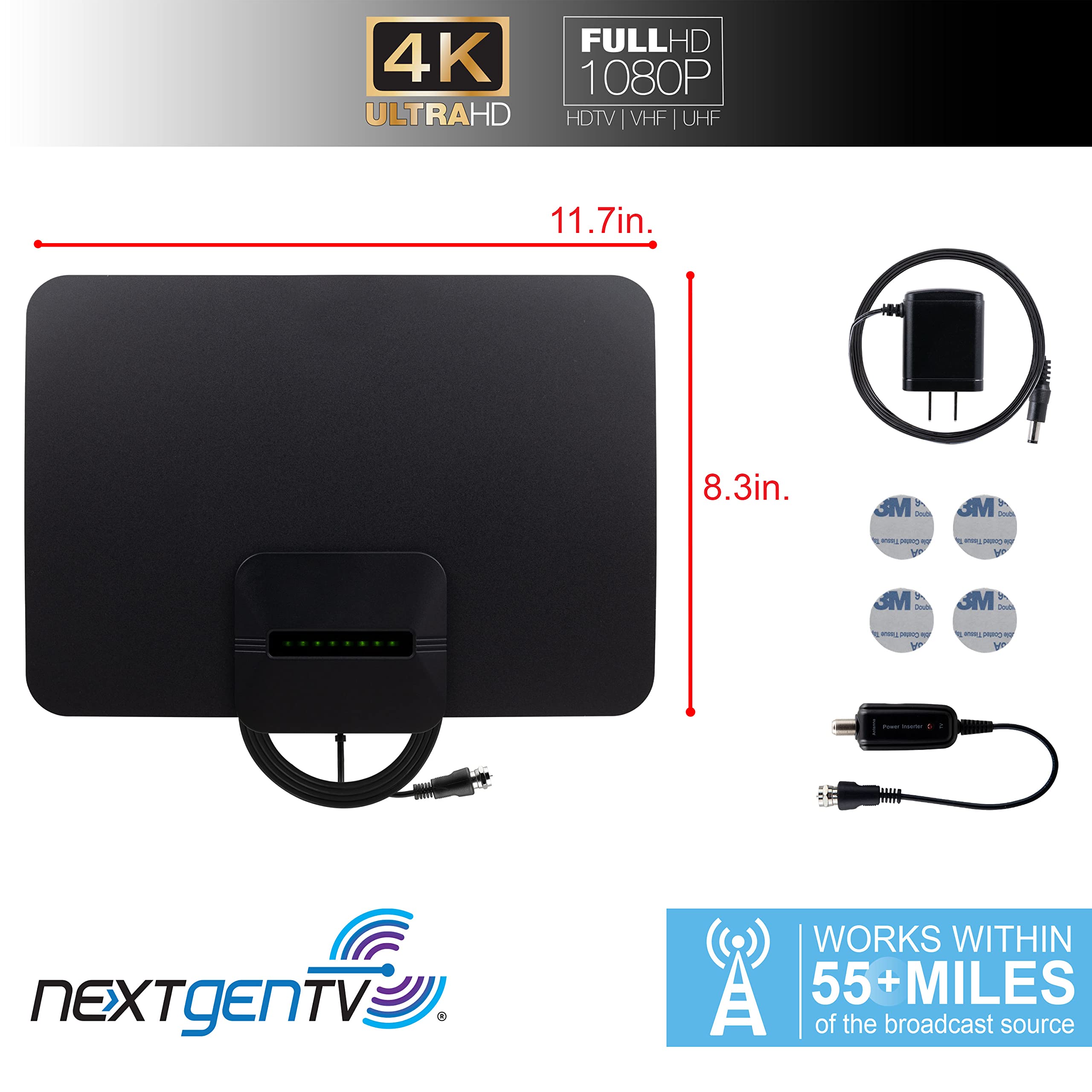 GE Ultra Edge Amplified HD Digital TV Antenna, Long Range Smart TV Antenna, Supports 4K 1080P HD Smart TV VHF UHF, Amplifier Signal Booster with Signal Finder, 10ft Coax HDTV Cable/AC Adapter, 58403