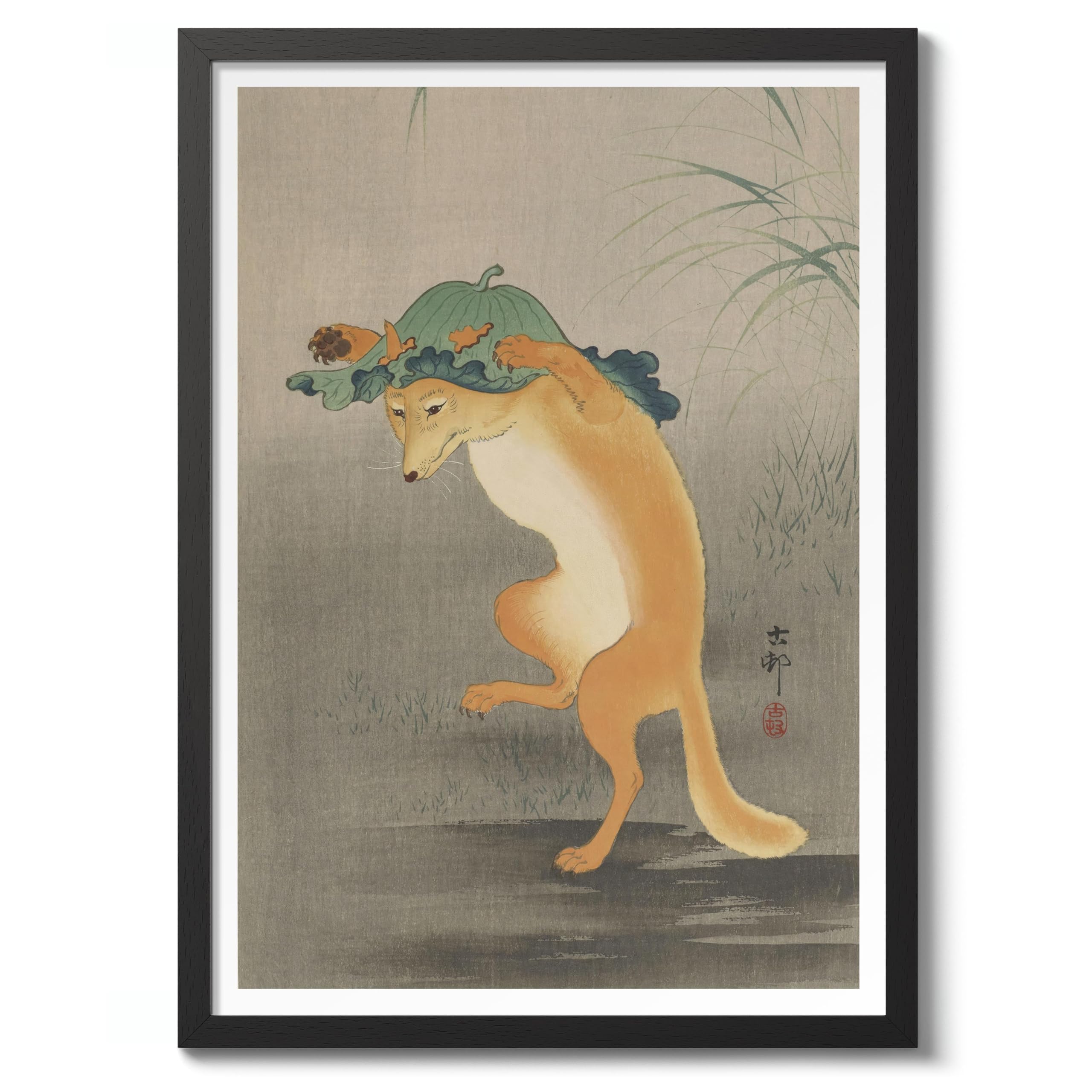 Dancing Fox Ohara Koson Poster, Japanese Woodblock Ukiyo-E Print, Vintage Nature Art Picture Animal Painting Wall Art Exhibition, Japan Artwork Home Decor, A1 (Black Frame) - 86.9x62.4cm