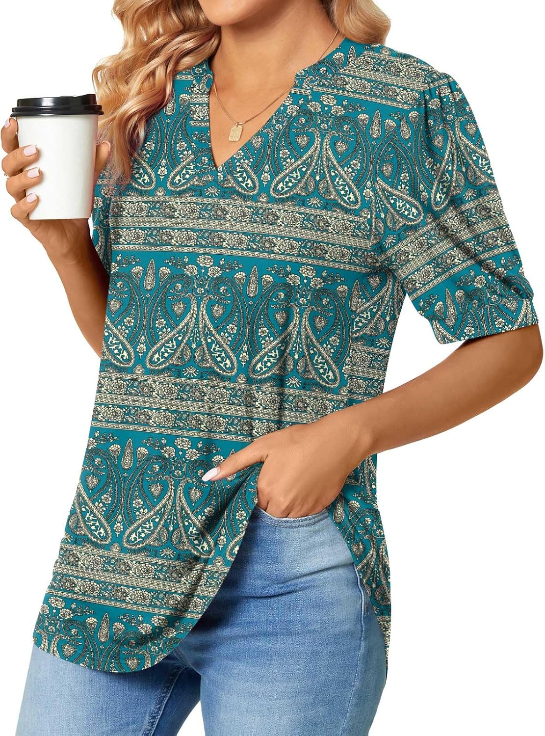 Anyally Womens Summer/Spring Puff Short Sleeve Tops Dressy Casual V-Neck T-Shirts Cute Blouse for Work - Image 2