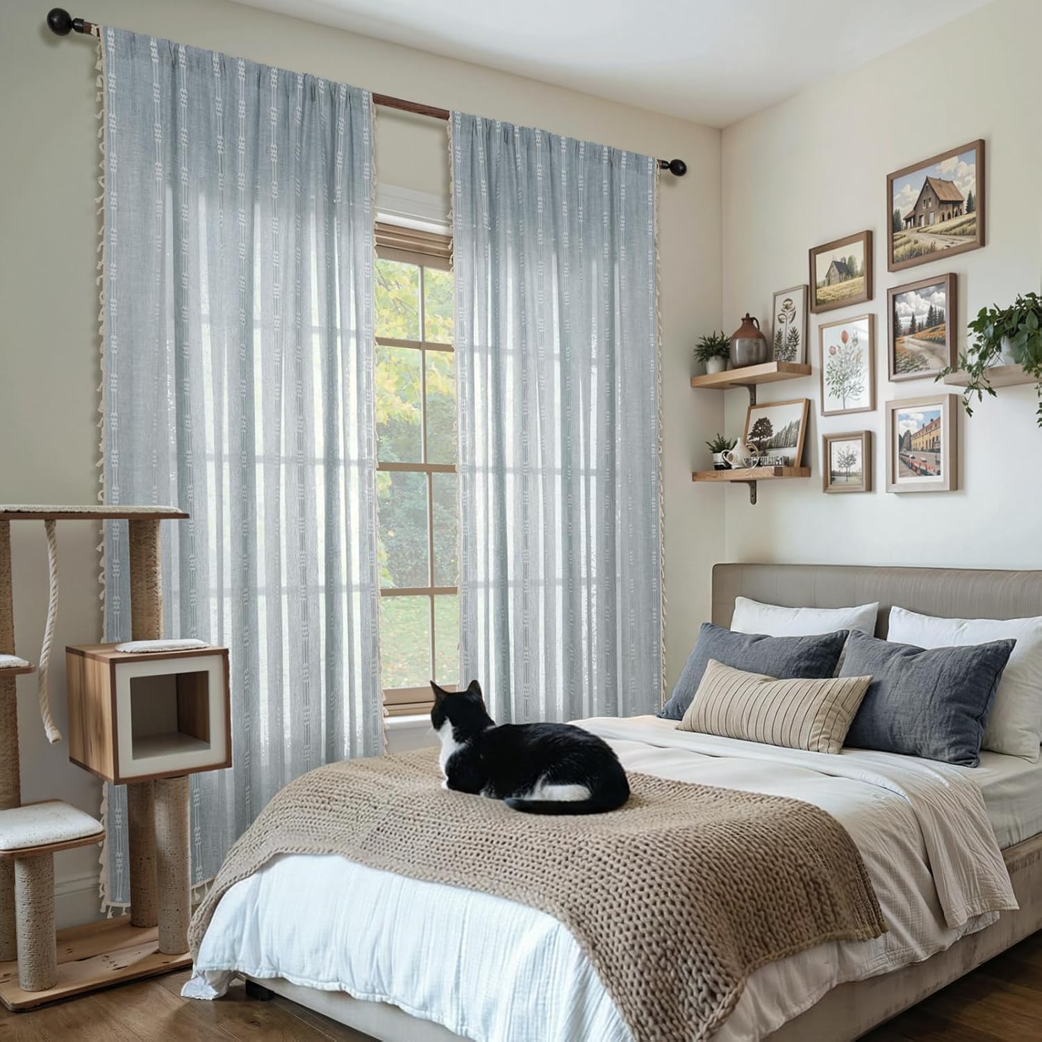 ColorBird Boho Curtains 84 Inches for Living Room Bedroom Farmhouse Cottage Core Dusty Blue Linen Drapes Light Filtering Embroidered Striped Window Treatment Boho Chic Decor Dining Closet Nursery