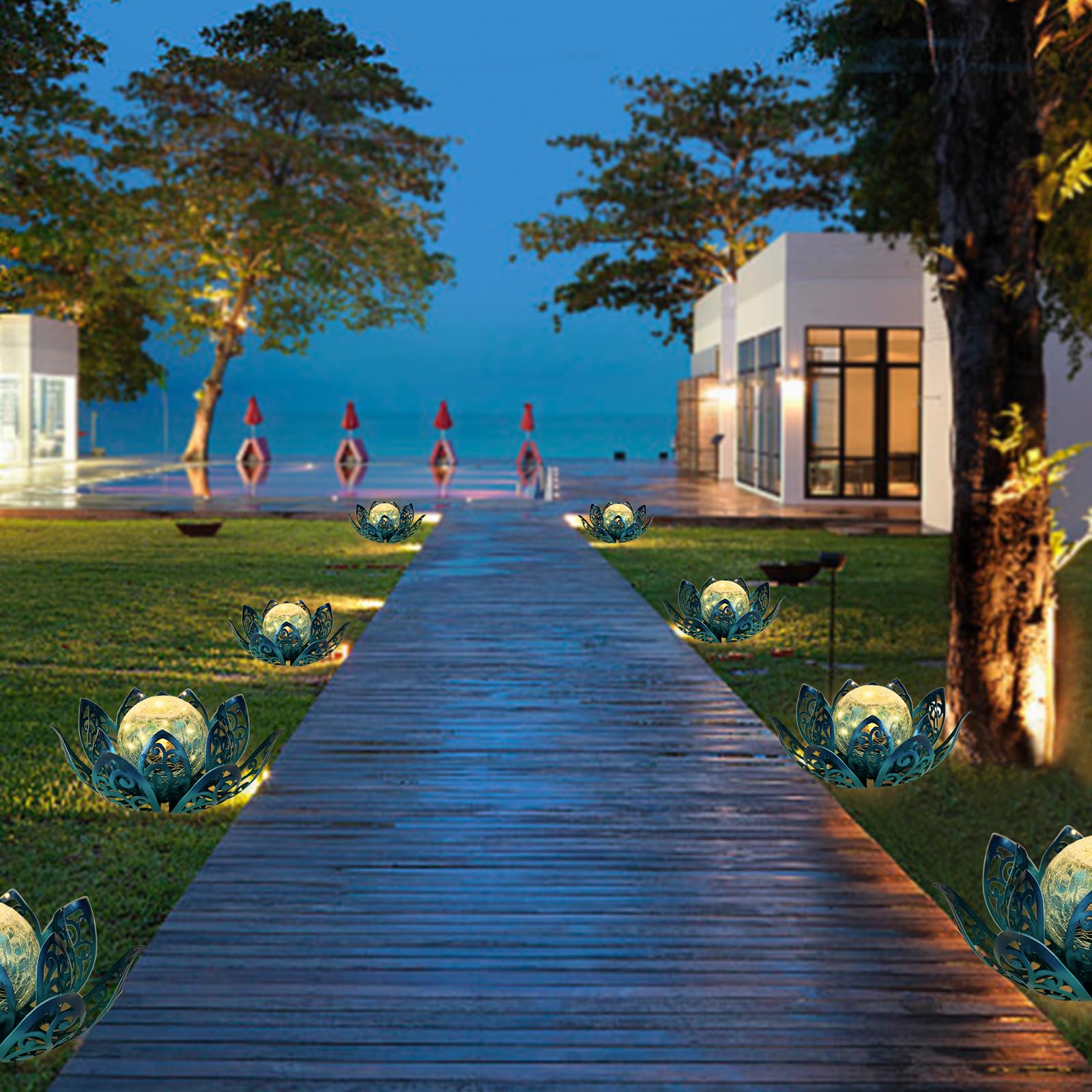 Luces solares para exteriores, lámpara de loto para decoración de jardín, farol solar de cristal agrietado de metal, impermeable, luz LED de mesa para patio, césped, pasarela, mesa, camino 7