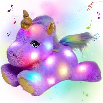 Glowing LED Light-up Nightlight Toys Musical Plush Stuffed Animal Singing Lullabies Birthday Christmas Plushies Gifts for Kids Boys Girls, Purple Unicorn,13"