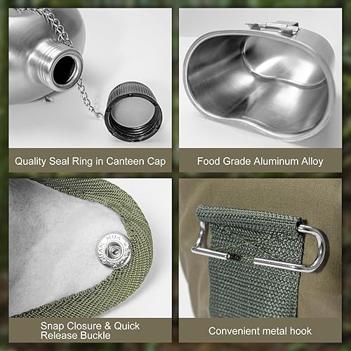 Miniatura 5 de Afranti Cantina militar de acero inoxidable 1QT botella de agua portátil del ejército con taza de 0.5 cuartos de galón y mangas para senderismo,