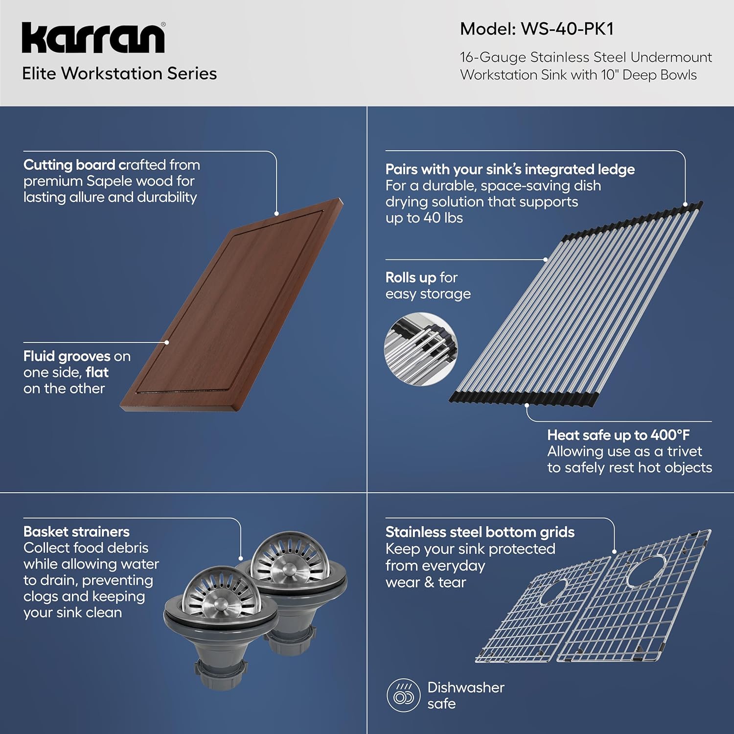 Karran Elite 32 Inch Undermount Workstation Kitchen Sink, 60/40 Double Bowl Low Divide, 16 Gauge T304 Stainless Steel (Standard)