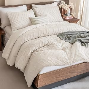 Andency Queen Comforter Set Beige, Comforters Queen Size Boho Cream Soft Warm Tufted Neutral Bedding Comforter Sets for Queen Bed, 3 Pieces Aesthetic Chevron Farmhouse Cute Bohemian Textured Bed Set