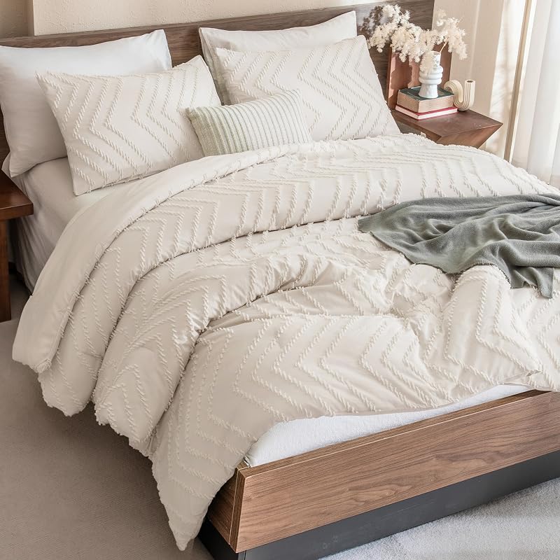 King Size Comforter Set Beige, 3 Pieces Boho Soft Cream Bedding Set | Warm Neutral Comforter Sets for King Size Bed, Lightweight Aesthetic Chevron Farmhouse Cute Bohemian Textured Bedding Set