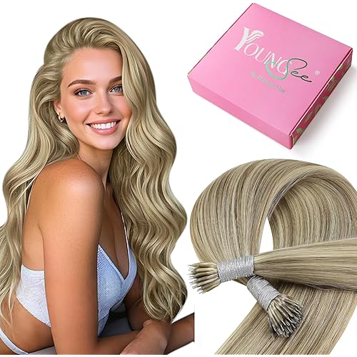 YoungSee Nano Beads Hair Extensions Highlight Light Brown and Platinum Blonde Pre Bonded Light Brown Human Hair Nano Ring Extensions Natural Looking Beads Human Hair 16in 50s 50g