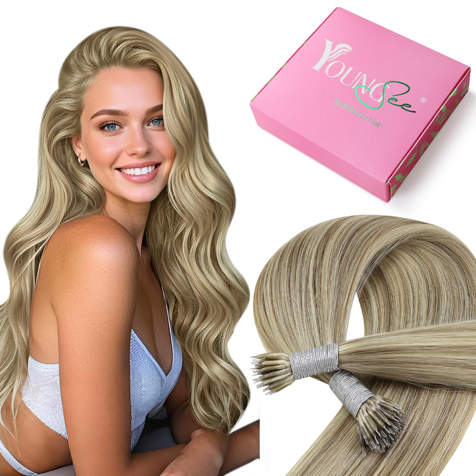 YoungSee Nano Beads Hair Extensions Blonde 14inch Nano Hair Extensions Warm Ash Blonde Highlights Bleach Blonde Nano Ring Hair Extension Highlight for Women Cold Fusion 50g Short Straight 50s — view 16