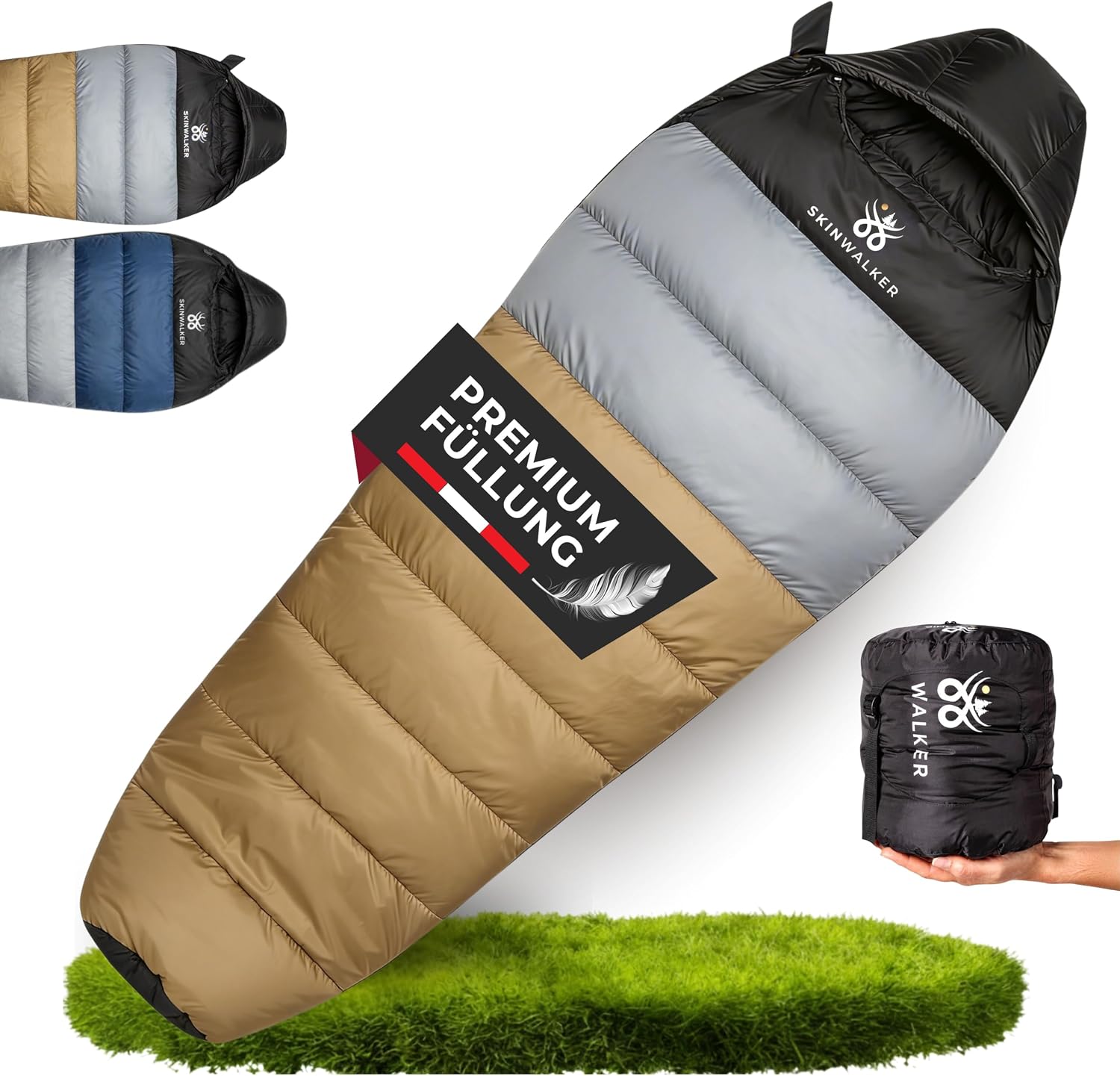 Skinwalker Schlafsack kleines Packmaß [extrabreit & leicht] – 3-4 Jahreszeiten Mumienschlafsack 220 x 85 cm, Schlafsack Erwachsene & Jugendliche für Camping, Trekking, Bikepacking & Festivals