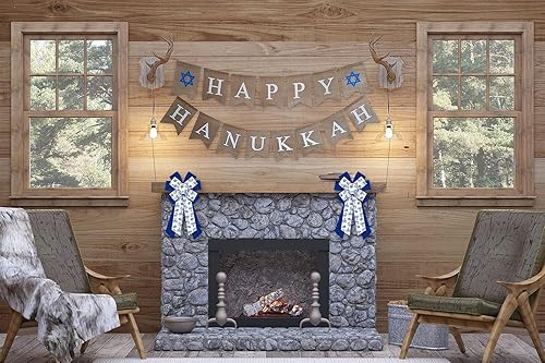 Miniatura 10 de 2 lazos de Hanukkah para corona, lazos de corona de Happy Hanukkah, lazos de arpillera azules, adornos para festivales judíos, lazos de artesanía de
