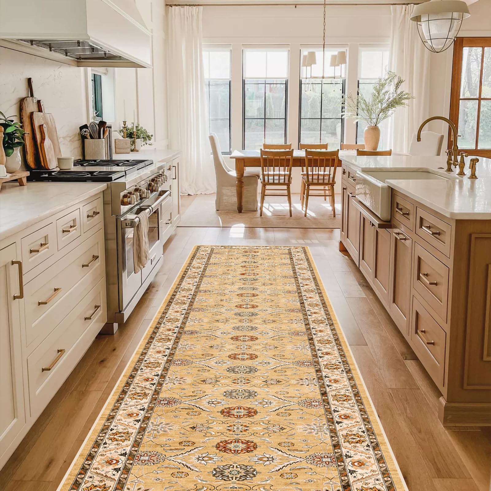 Washable Kitchen Runner Rug - 2'6''x12' Hallway Rug Distressed Mats Non-Slip Soft Room Floor Carpet for Dining Room (Gold, 2'6'' x 12')