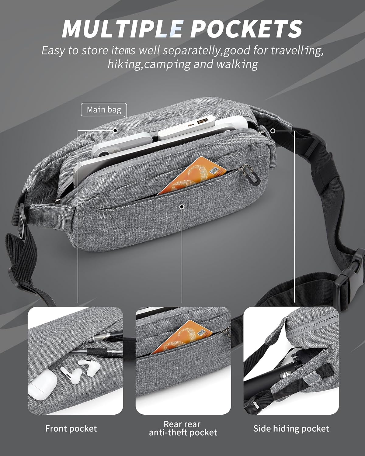 Fanny Pack for Mens Crossbody Bag, Sling Bag for Women Waist Packs Anti Theft Cross Body Belt Bags with Adjustable Strap for Running Sports Hiking Cycling Travel Walking - Grey - Image 8