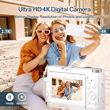 Digital Camera 4K 48MP 16X Autofocus Digital Zoom Photo Camera 3 Inch 180° Flip LCD Screen Compact Vlog Camera with Charging Station 2 x 800 mAh Batteries 32GB Card for Beginners Children