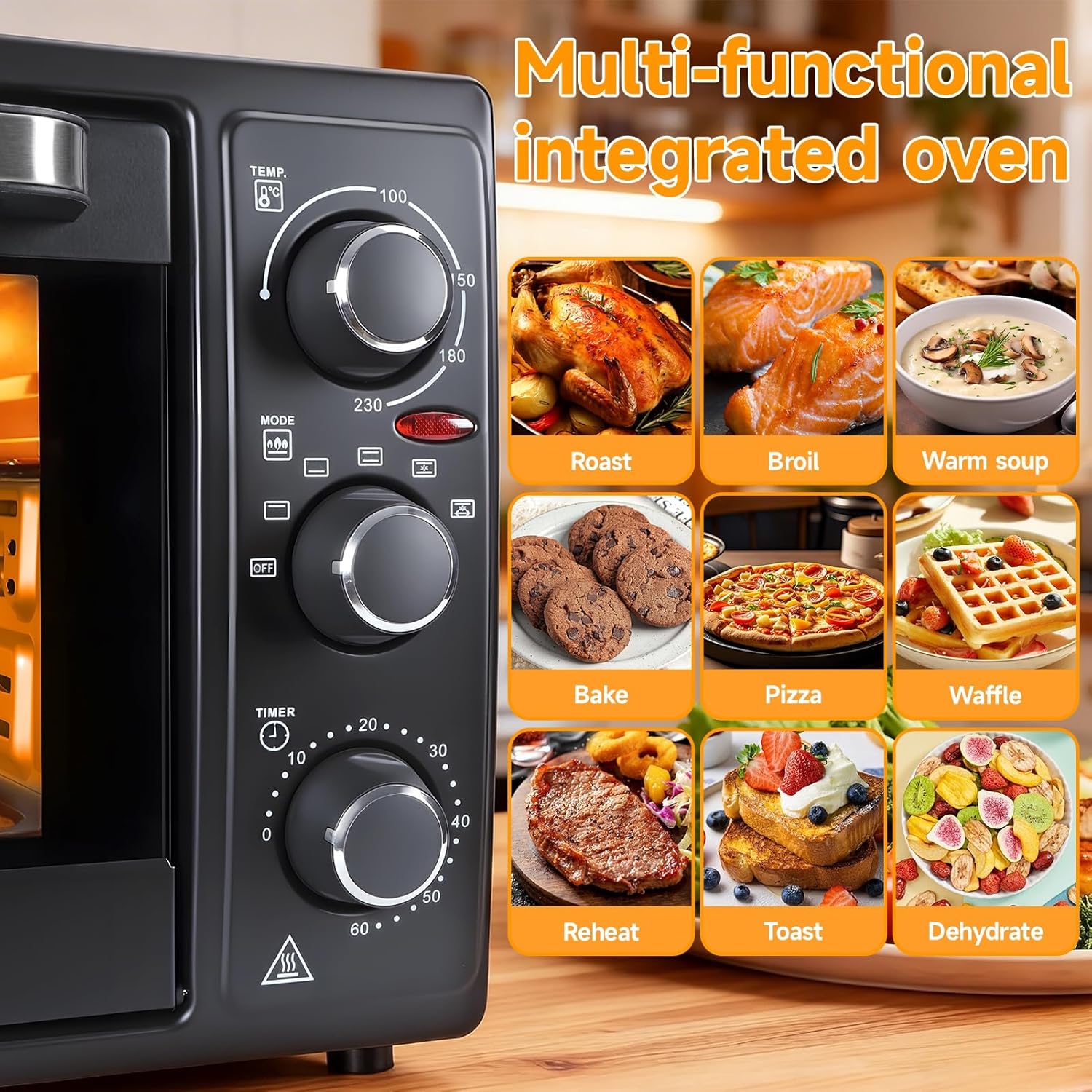 Multi-Functional Countertop Toaster Oven with 60-Min Timer, 34QT/32L Kitchen Convection Oven, 1500W, Crispy Roast, Dehydrate, Rotisserie, 6 Accessories Included, Black US Plug