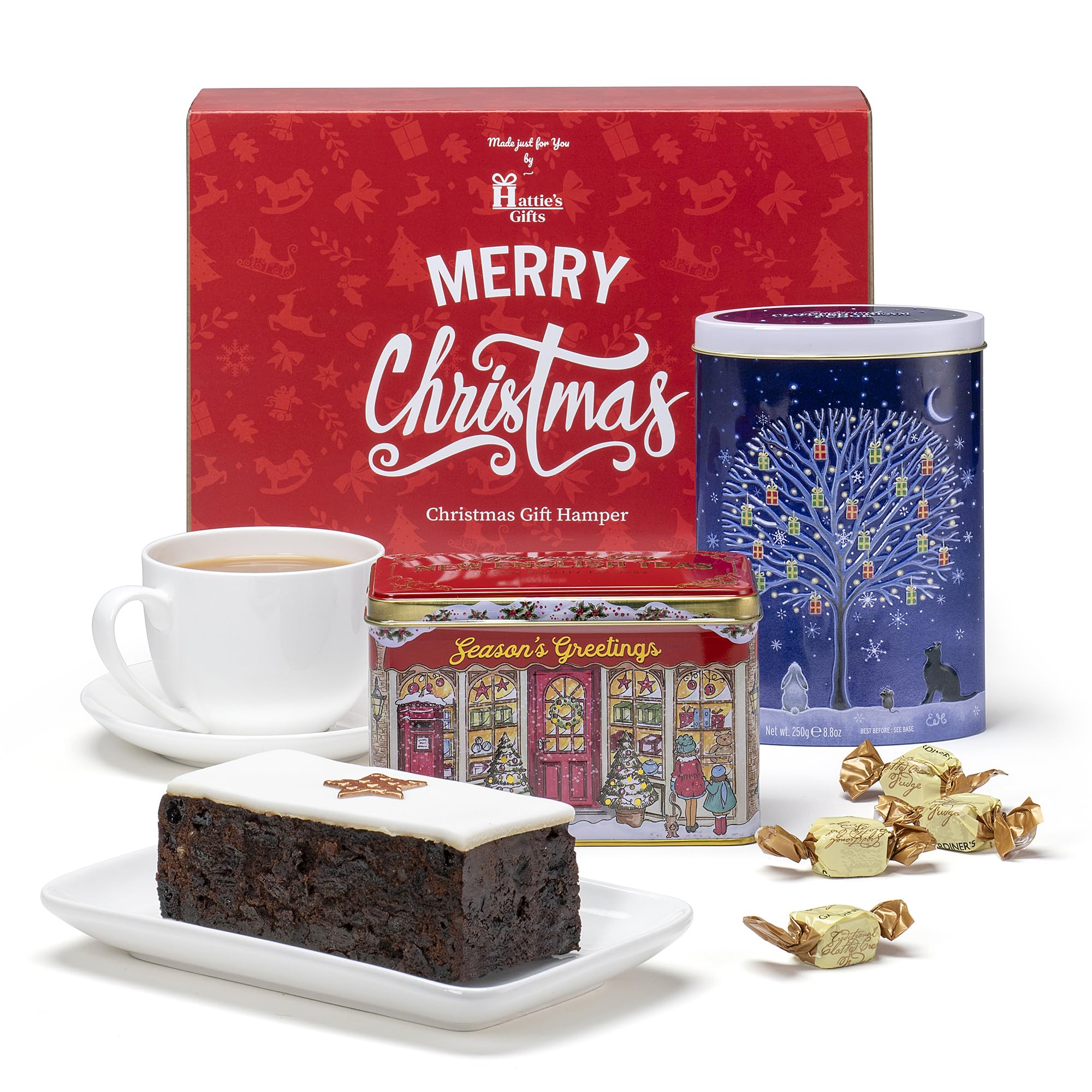 Luxury Christmas Fudge & Afternoon Tea Hamper for 1 with Iced Fruit Cake - Hamper & Gourmet Christmas Food Gifts for Whole Family, Corporate Hamper