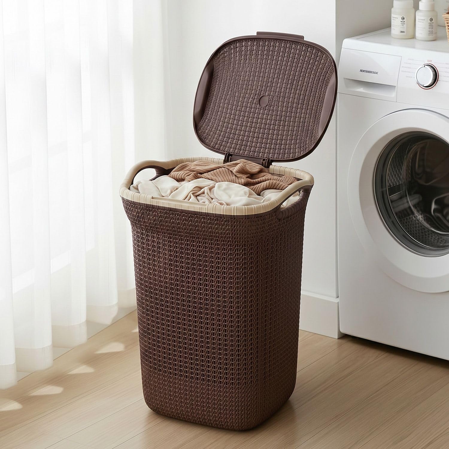 PrettyKrafts Weather Brown, 60L Plastic Knit Laundry Basket – Rattan Design Multipurpose Laundry & Storage Basket for Bedroom & Bathroom, (44×35×61 cm)