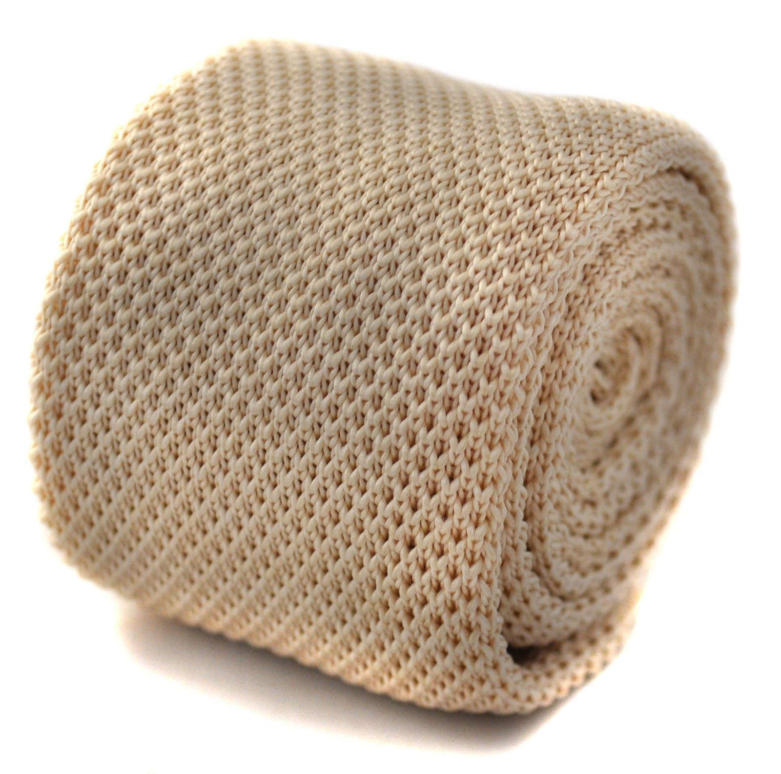 Frederick Thomas Knitted Silk Mens Tie - Ivory Cream - Plain Skinny Wedding