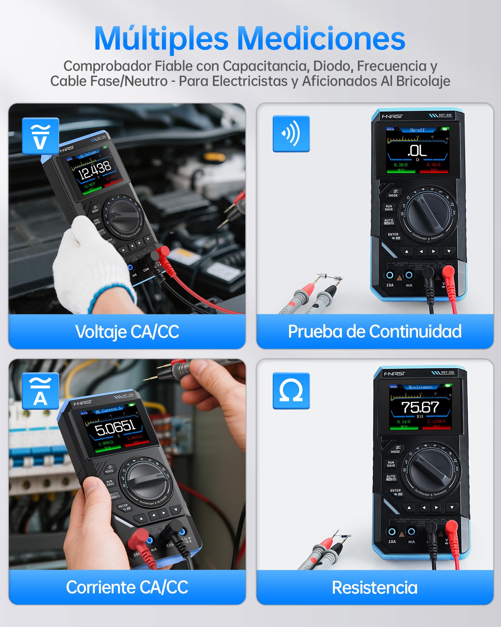 FNIRSI DST-210 Osciloscopio Portátil de Banda 10MHz, 19999 Cuentas, Digital Oscilloscope Multimeter DDS Generator 3IN1, Frecuencia de Muestreo 48MS/s, Voltaje CA/CC, Corriente, Condensador, Diodo