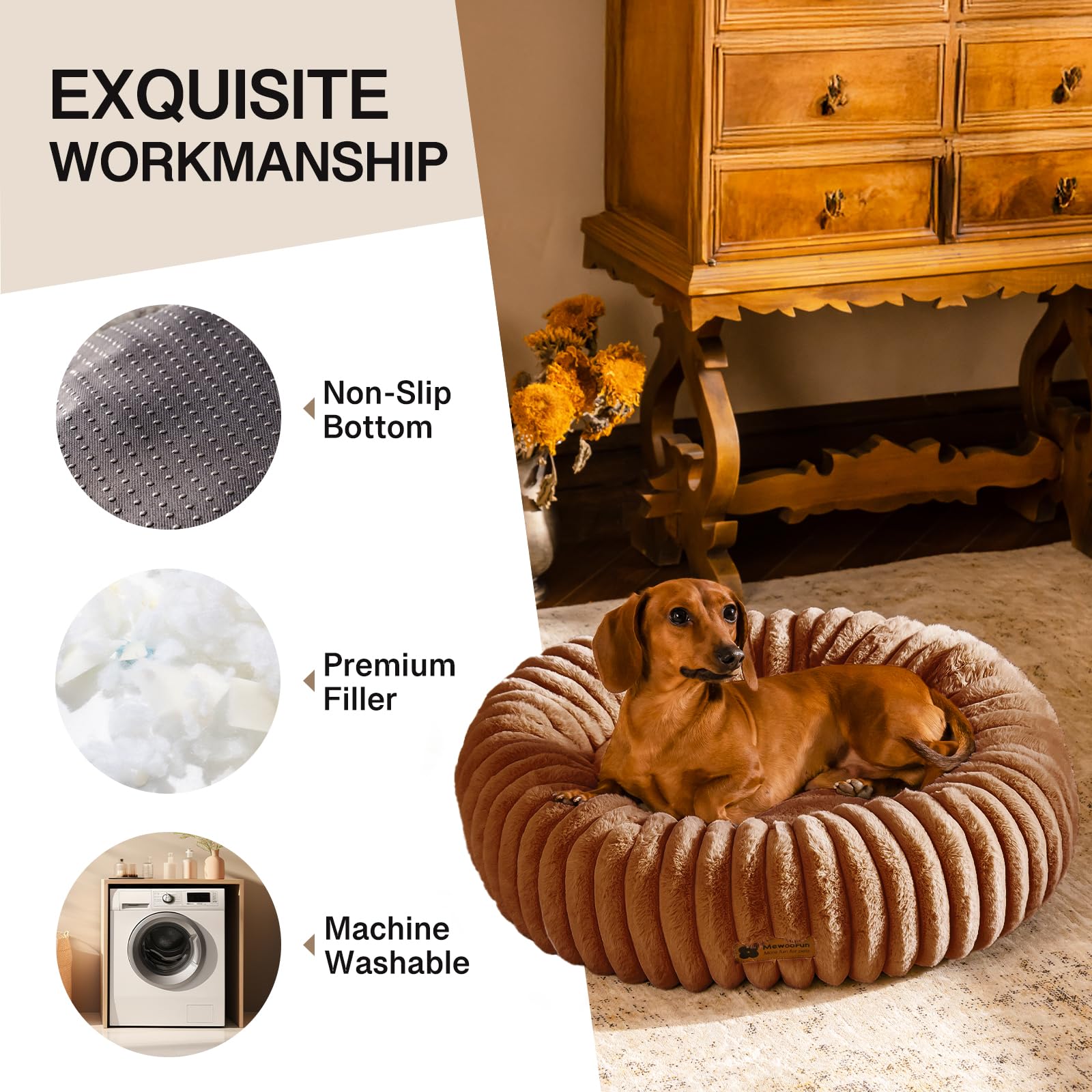 MEWOOFUN Camas para gatos de interior, cama lavable y esponjosa para mascotas con parte inferior antideslizante, cama redonda calmante para cachorros y gatos pequeños (marrón, 64 x 64 x 18 cm)