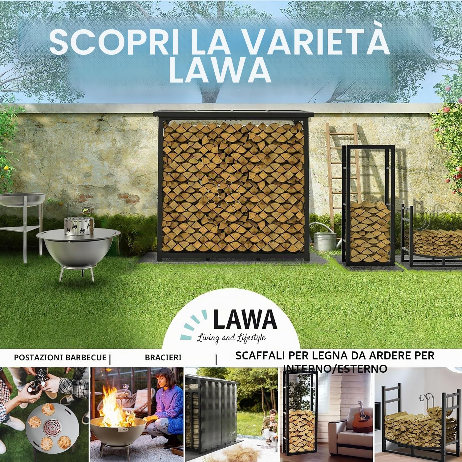 Portalegna da esterno con tetto zincato 188x70x188 45kg portata 3t legnaia metallo