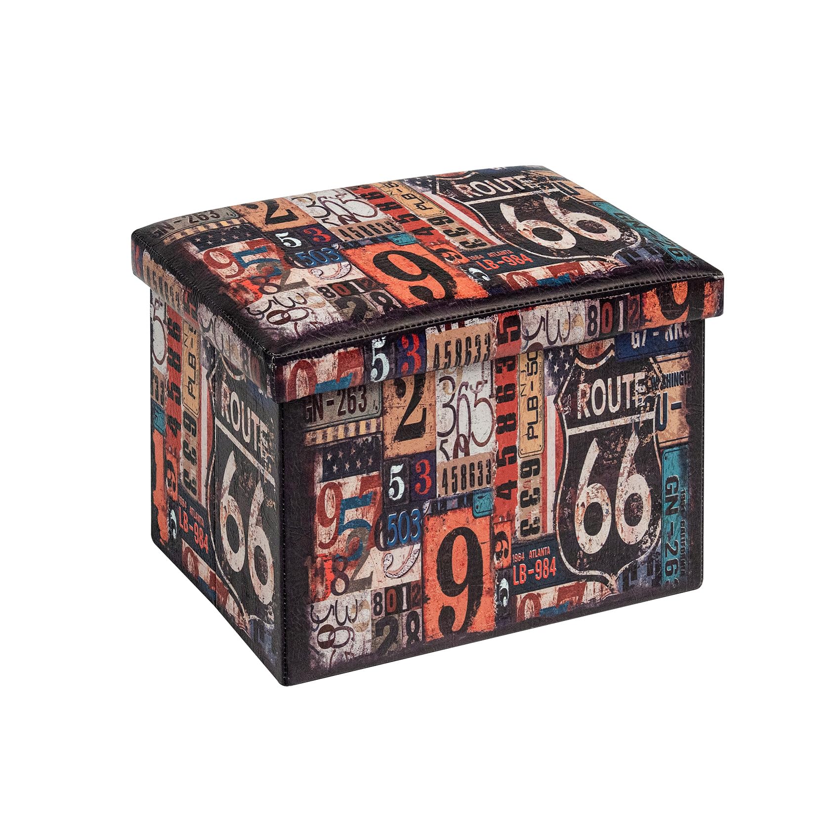 Bonlife Retro Faux Leather Ottoman Seat, Folding Storage Box, Foldable Footstool for Living Room Small Space, Multicoloured 42x32x32cm