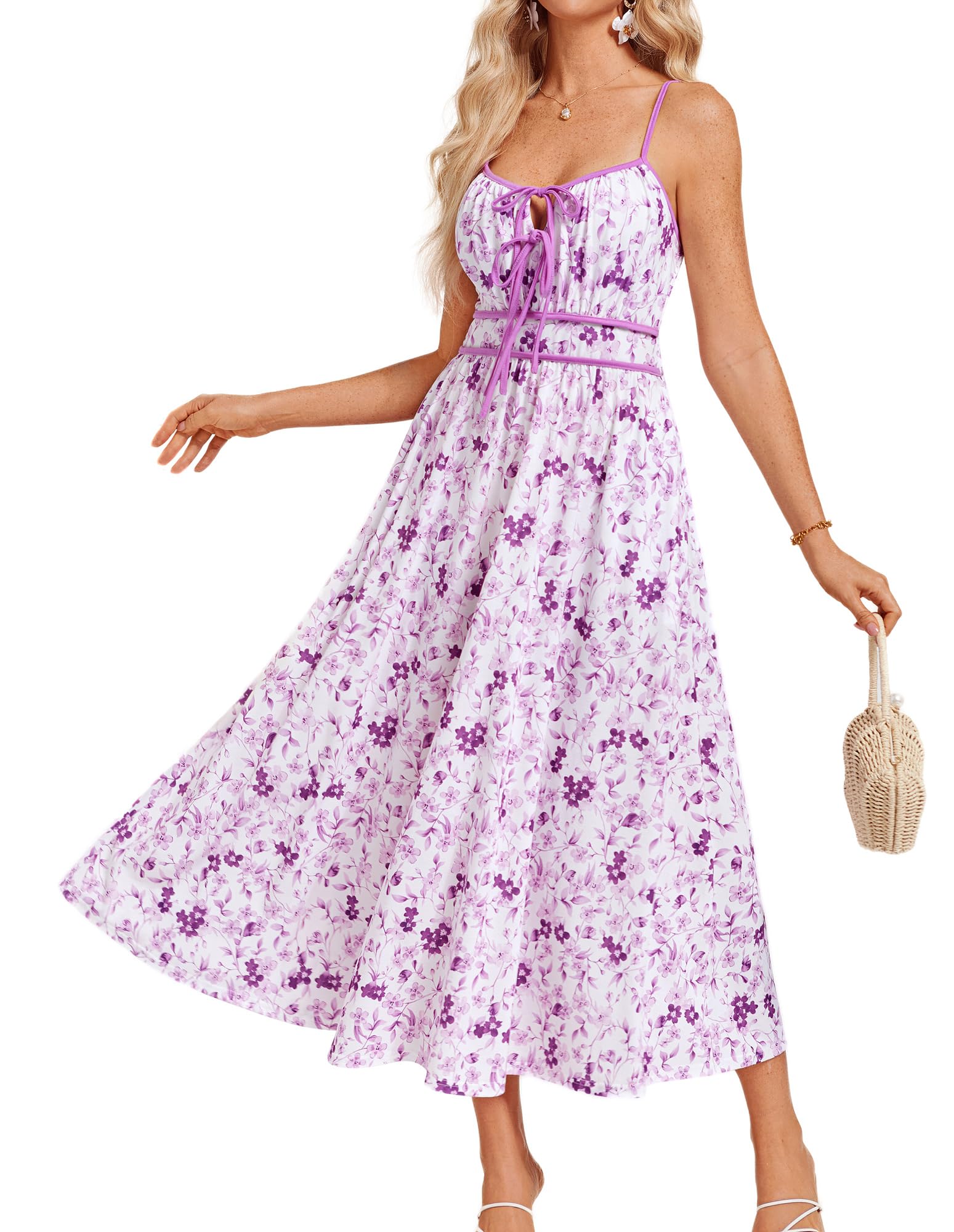 GRACE KARIN Damen Sommer Freizeitkleid A-Linie V-Ausschnitt Blumenkleid Ärmellos Strappy Floral Böhmisch Kleid Spaghetti Strap Flowy Beach Maxikleid Strandkleider Urlaub